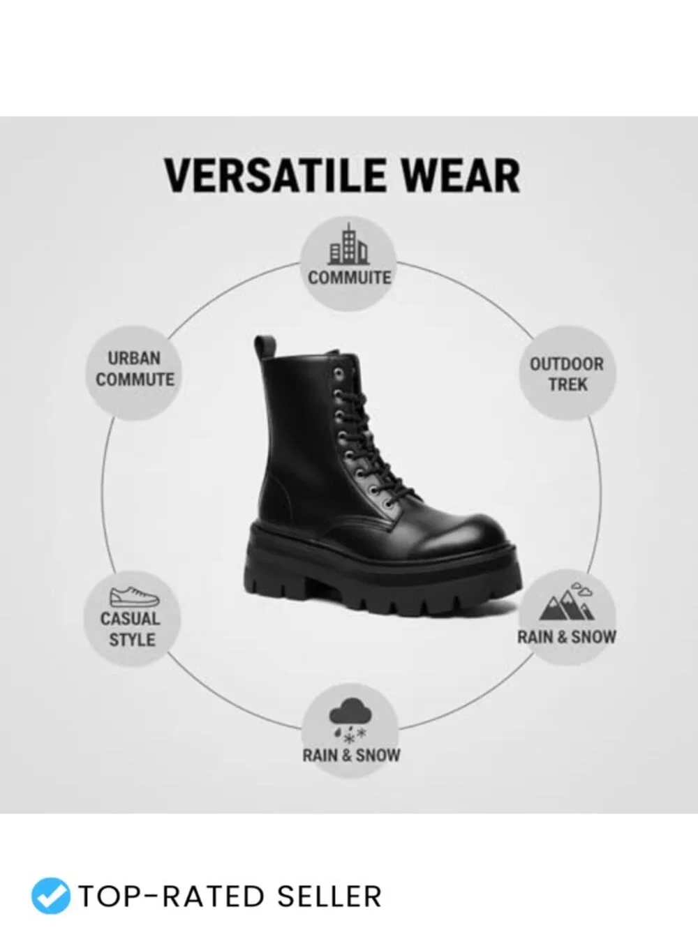Black Leather Chunky Platform Combat Boots Side Zipper Lug Sole Ankle Boots